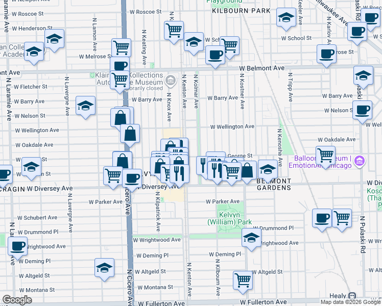 map of restaurants, bars, coffee shops, grocery stores, and more near 2916 North Kolmar Avenue in Chicago