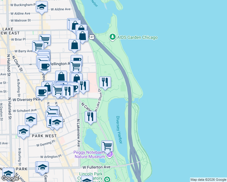 map of restaurants, bars, coffee shops, grocery stores, and more near 2800 North Lake Shore Drive in Chicago