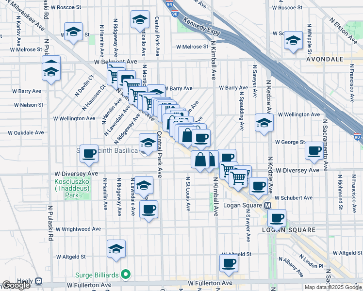 map of restaurants, bars, coffee shops, grocery stores, and more near 2931 North Milwaukee Avenue in Chicago