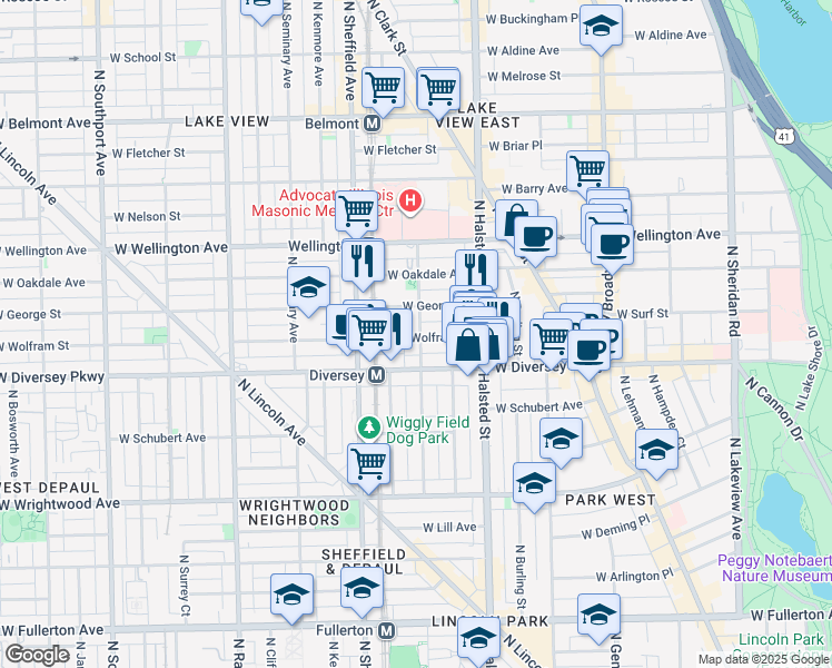 map of restaurants, bars, coffee shops, grocery stores, and more near 2834 North Mildred Avenue in Chicago