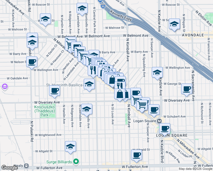 map of restaurants, bars, coffee shops, grocery stores, and more near 2931 North Milwaukee Avenue in Chicago