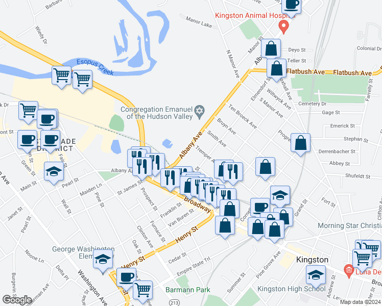 map of restaurants, bars, coffee shops, grocery stores, and more near 184 Albany Avenue in Kingston