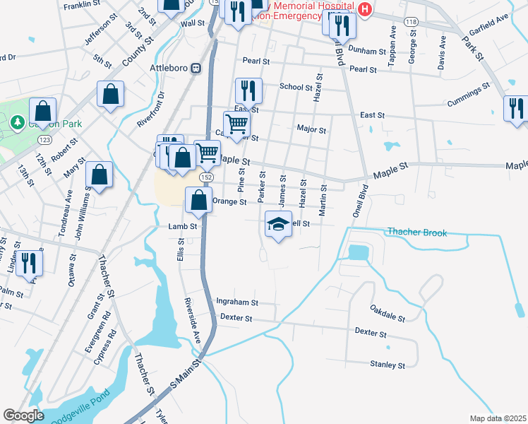 map of restaurants, bars, coffee shops, grocery stores, and more near 37 Orange Street in Attleboro