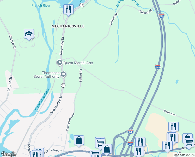 map of restaurants, bars, coffee shops, grocery stores, and more near 79 Azud Road in Thompson