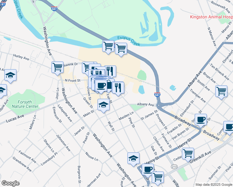 map of restaurants, bars, coffee shops, grocery stores, and more near 2 John Street in Kingston