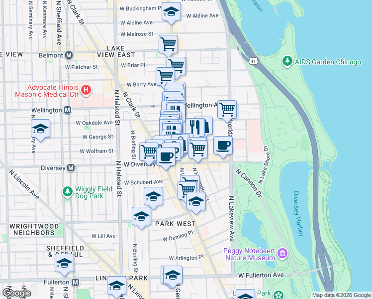 map of restaurants, bars, coffee shops, grocery stores, and more near 555 West Surf Street in Chicago