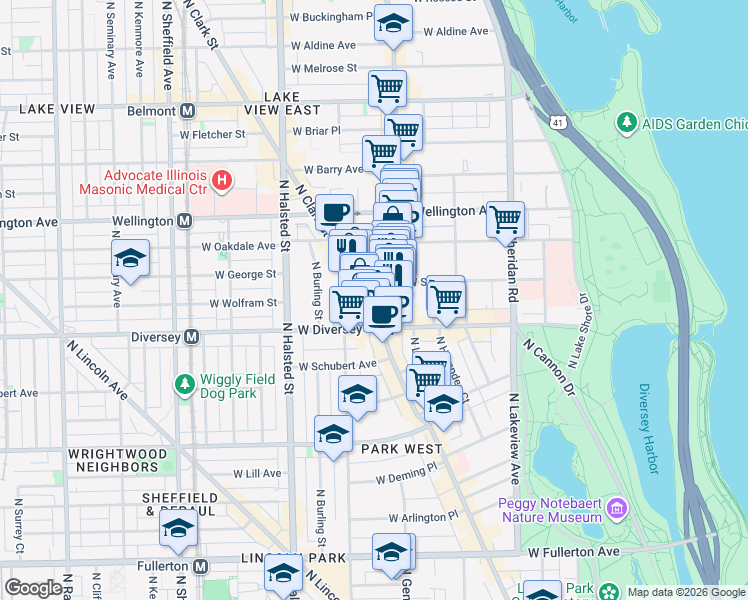 map of restaurants, bars, coffee shops, grocery stores, and more near 2832 North Broadway in Chicago