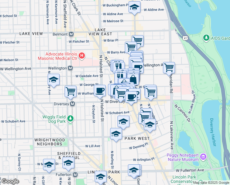 map of restaurants, bars, coffee shops, grocery stores, and more near 2848 North Orchard Street in Chicago