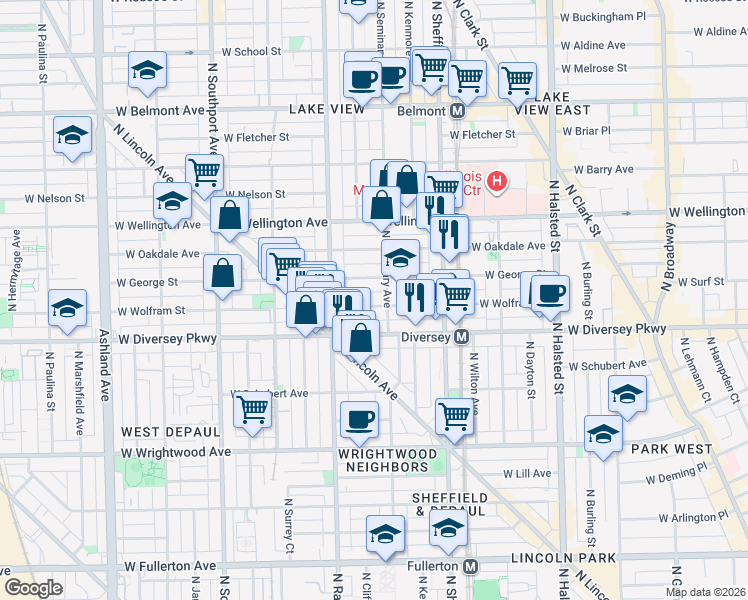 map of restaurants, bars, coffee shops, grocery stores, and more near 1119 West George Street in Chicago