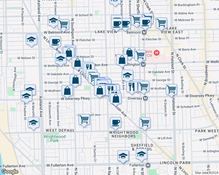 map of restaurants, bars, coffee shops, grocery stores, and more near 2849 North Racine Avenue in Chicago
