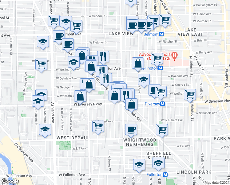 map of restaurants, bars, coffee shops, grocery stores, and more near 2853 North Lincoln Avenue in Chicago