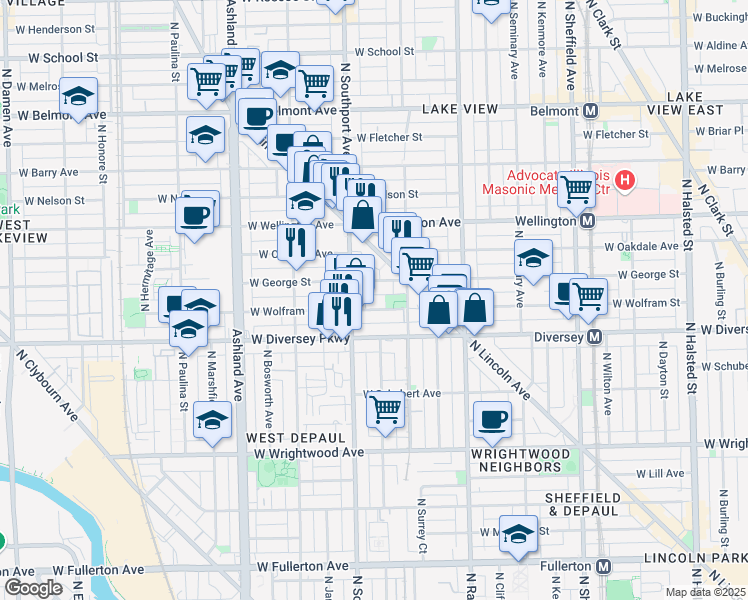 map of restaurants, bars, coffee shops, grocery stores, and more near 1343 West George Street in Chicago