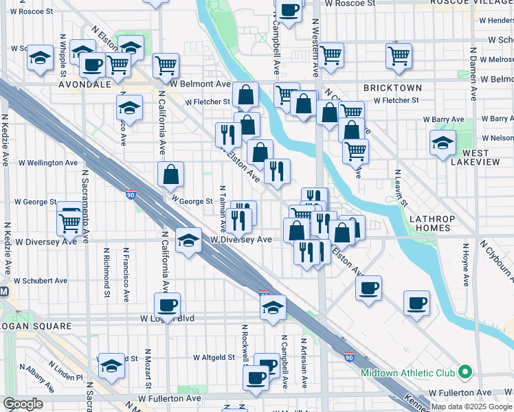 map of restaurants, bars, coffee shops, grocery stores, and more near 2526 West George Street in Chicago