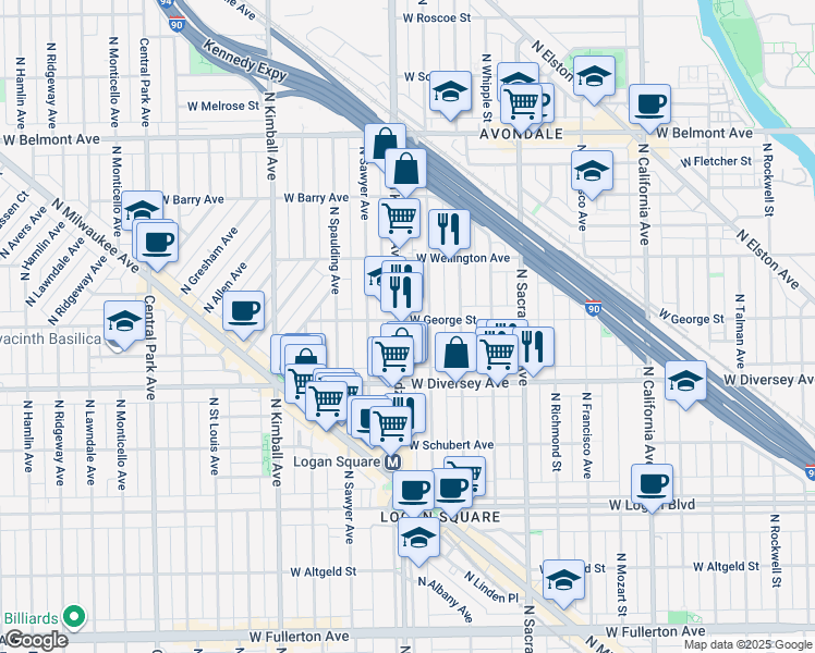 map of restaurants, bars, coffee shops, grocery stores, and more near 3140 West George Street in Chicago