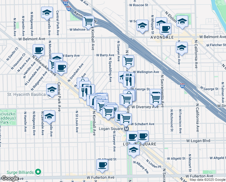 map of restaurants, bars, coffee shops, grocery stores, and more near 3246 West George Street in Chicago
