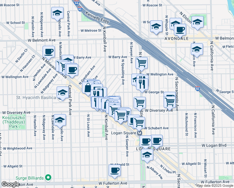 map of restaurants, bars, coffee shops, grocery stores, and more near 2868 North Woodard Street in Chicago