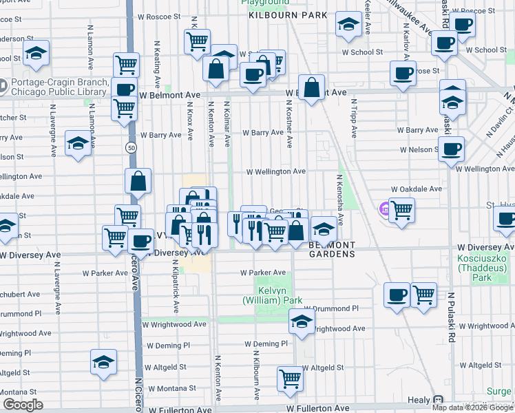 map of restaurants, bars, coffee shops, grocery stores, and more near 2916 North Kilbourn Avenue in Chicago