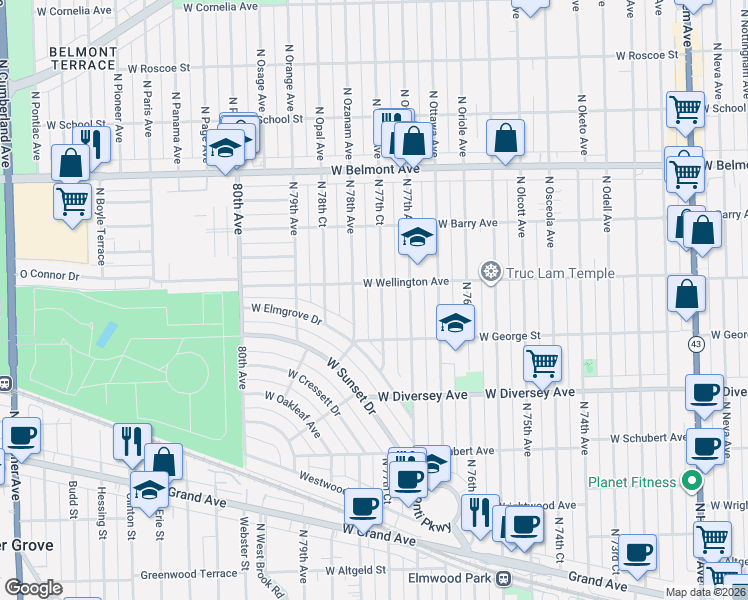 map of restaurants, bars, coffee shops, grocery stores, and more near 2942 North 77th Court in Chicago