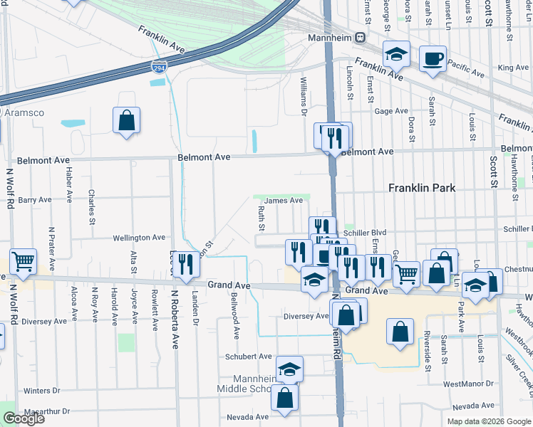 map of restaurants, bars, coffee shops, grocery stores, and more near 3034 Ruth Street in Franklin Park