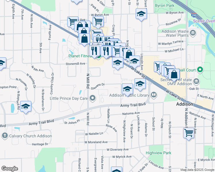 map of restaurants, bars, coffee shops, grocery stores, and more near 440 Stevens Drive in Addison