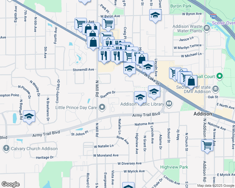 map of restaurants, bars, coffee shops, grocery stores, and more near 440 Stevens Drive in Addison