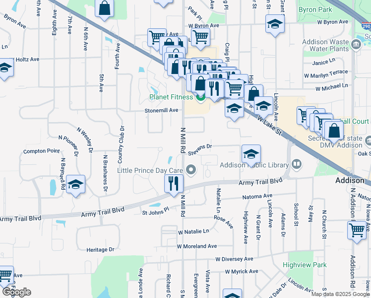 map of restaurants, bars, coffee shops, grocery stores, and more near 37-39 Army Trail Boulevard in Addison