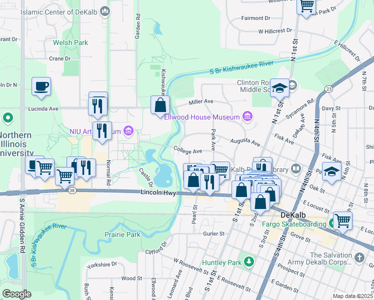 map of restaurants, bars, coffee shops, grocery stores, and more near 515 College Avenue in DeKalb