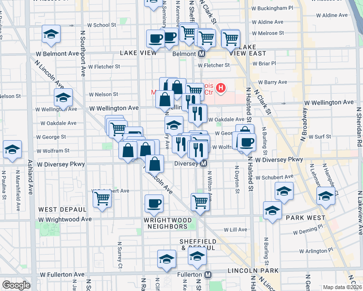 map of restaurants, bars, coffee shops, grocery stores, and more near 2851 North Seminary Avenue in Chicago