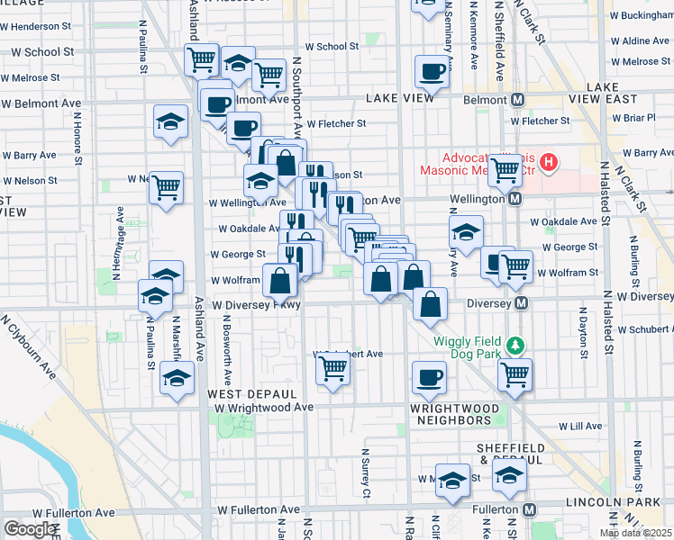 map of restaurants, bars, coffee shops, grocery stores, and more near 1300 West Wolfram Street in Chicago