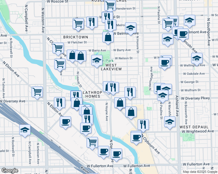 map of restaurants, bars, coffee shops, grocery stores, and more near 2857 North Damen Avenue in Chicago