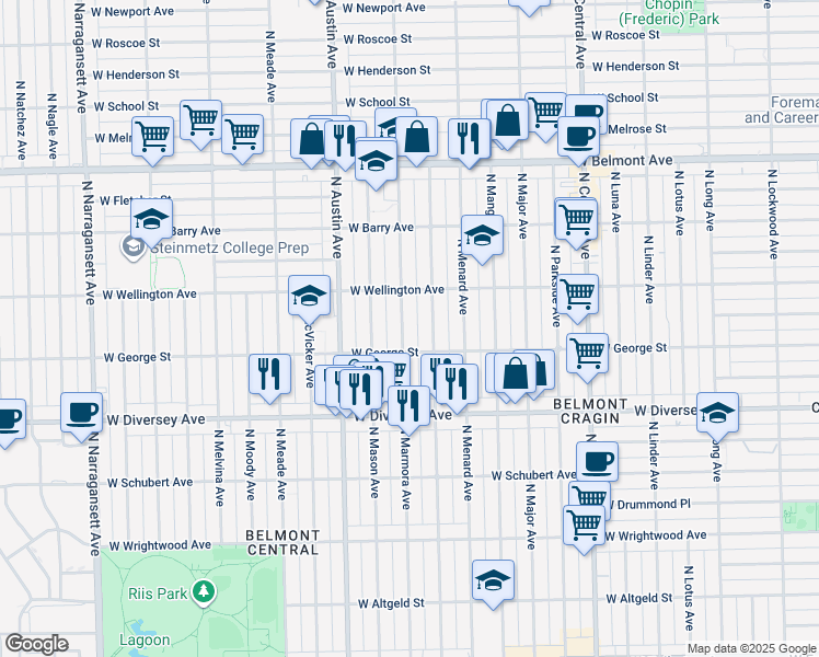 map of restaurants, bars, coffee shops, grocery stores, and more near 2923 North Marmora Avenue in Chicago