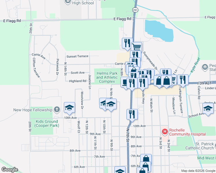 map of restaurants, bars, coffee shops, grocery stores, and more near 1225 Tilton Park Drive in Rochelle