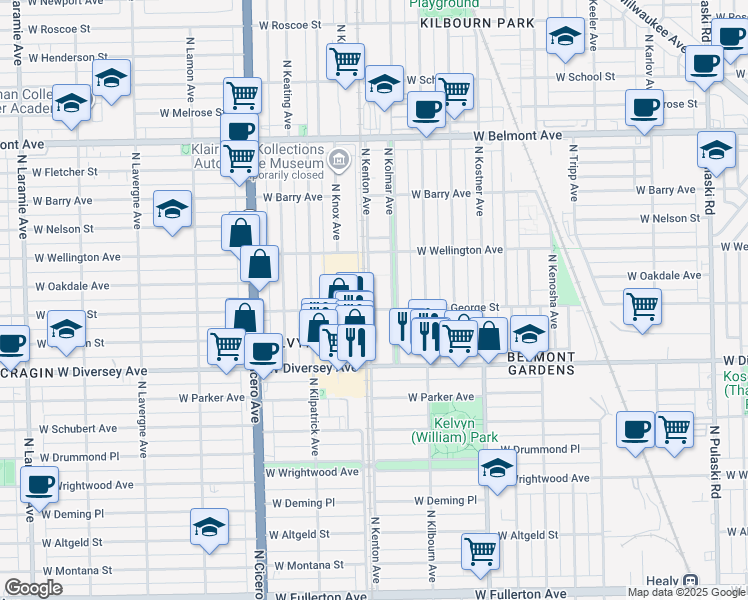 map of restaurants, bars, coffee shops, grocery stores, and more near 2916 North Kolmar Avenue in Chicago