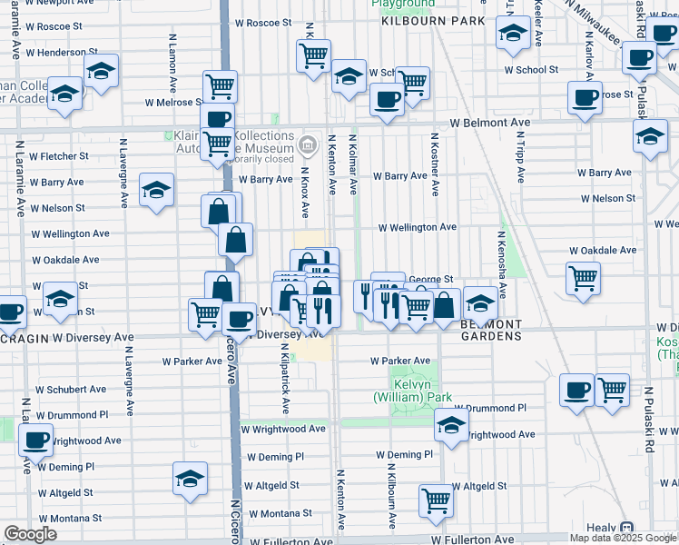 map of restaurants, bars, coffee shops, grocery stores, and more near 2916 North Kolmar Avenue in Chicago
