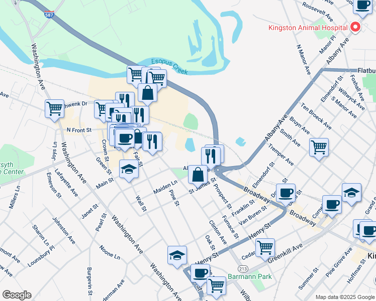 map of restaurants, bars, coffee shops, grocery stores, and more near 31 Albany Avenue in Kingston