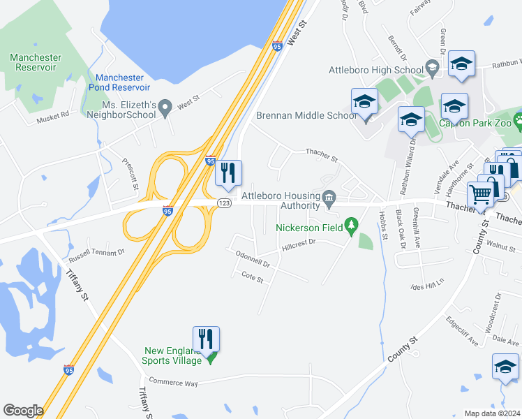 map of restaurants, bars, coffee shops, grocery stores, and more near 146 Massachusetts 123 in Attleboro
