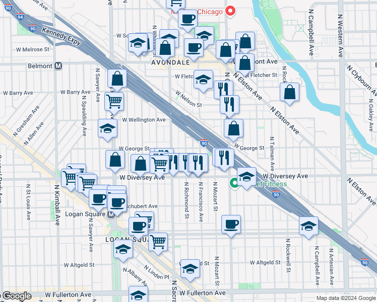 map of restaurants, bars, coffee shops, grocery stores, and more near 2910 West George Street in Chicago