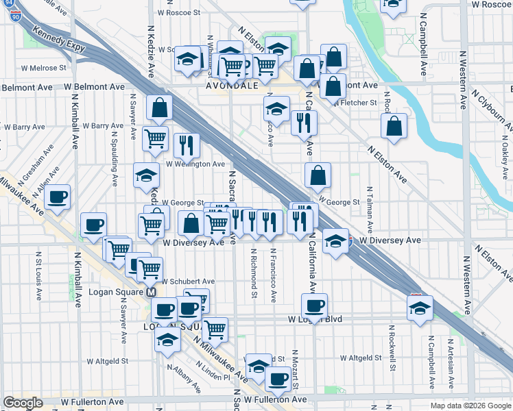 map of restaurants, bars, coffee shops, grocery stores, and more near 2919 West George Street in Chicago