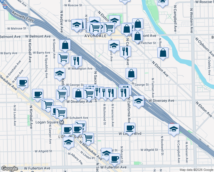 map of restaurants, bars, coffee shops, grocery stores, and more near 2910 West George Street in Chicago