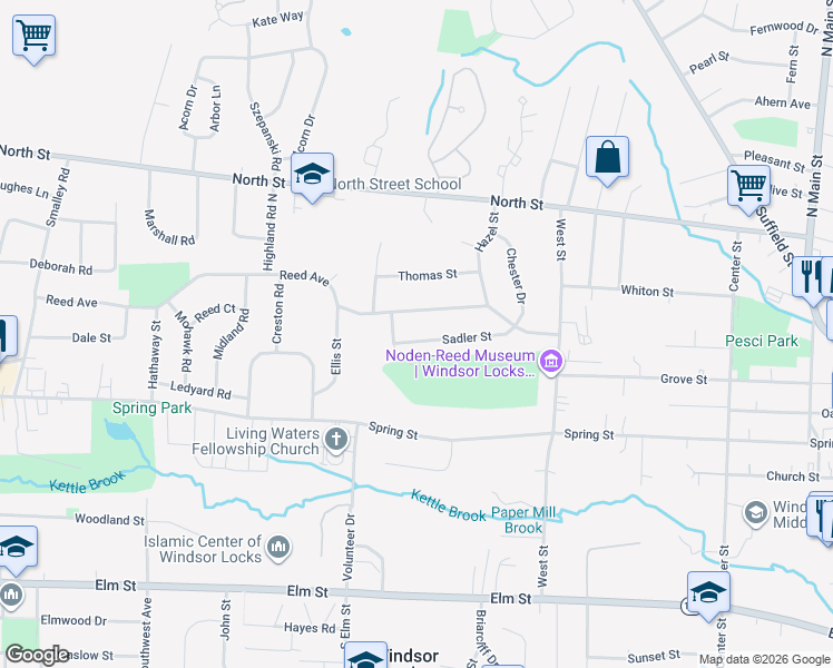 map of restaurants, bars, coffee shops, grocery stores, and more near 49 Sadler Street in Windsor Locks
