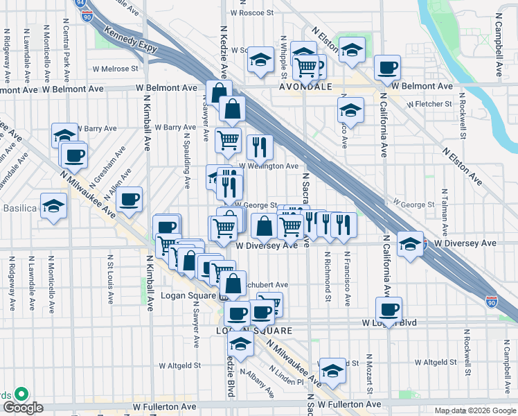 map of restaurants, bars, coffee shops, grocery stores, and more near 3107 West George Street in Chicago