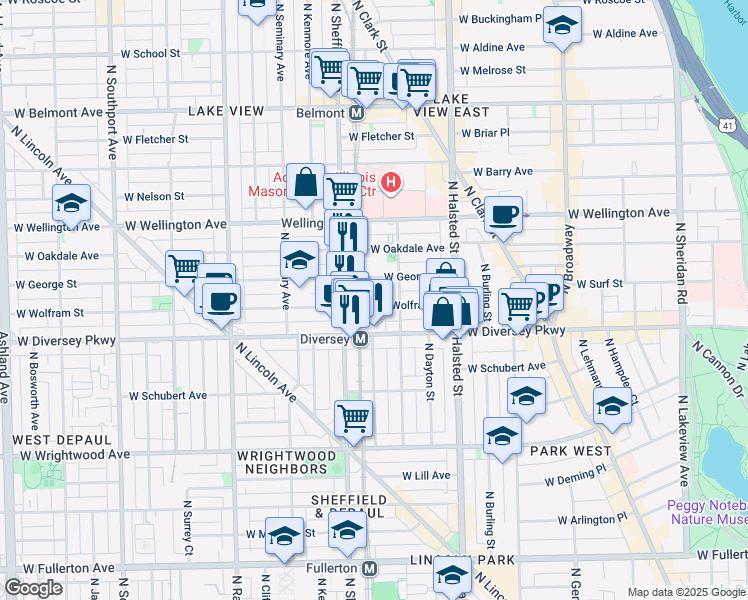 map of restaurants, bars, coffee shops, grocery stores, and more near 924 West Wolfram Street in Chicago
