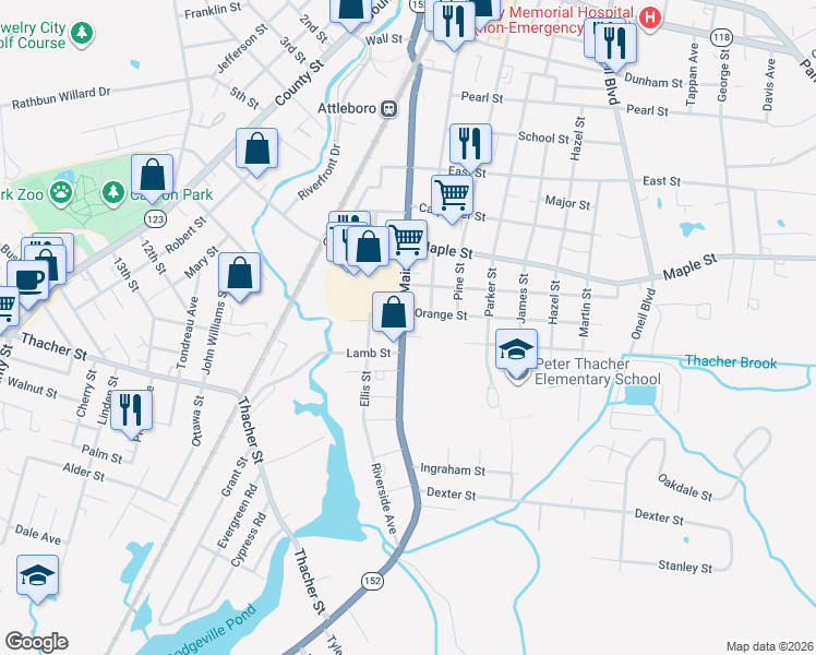 map of restaurants, bars, coffee shops, grocery stores, and more near 5 Orange Street in Attleboro