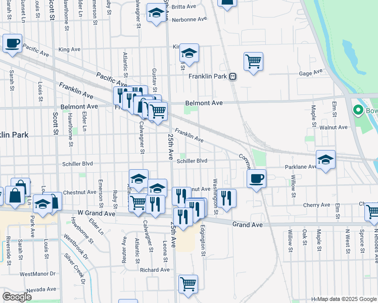 map of restaurants, bars, coffee shops, grocery stores, and more near 3021 Pearl Street in Franklin Park