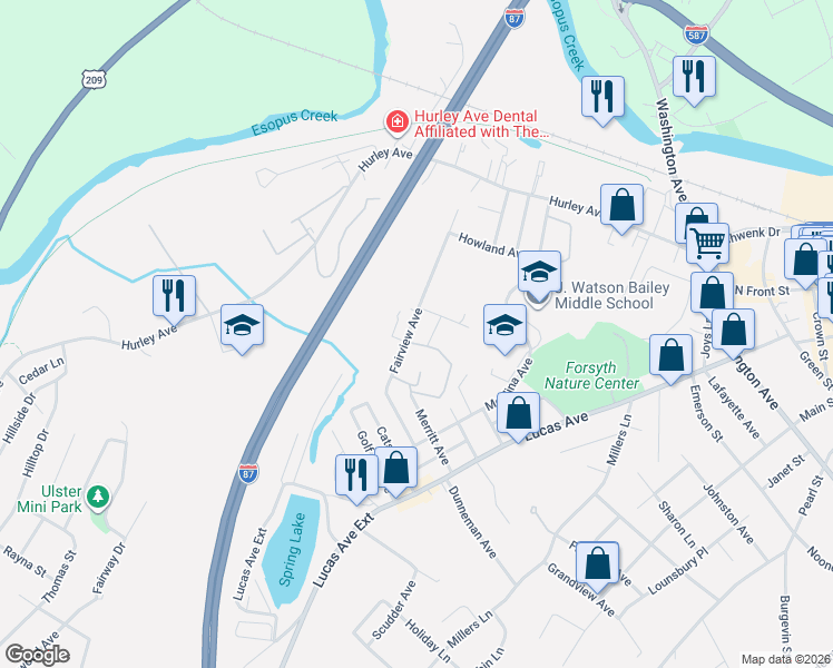 map of restaurants, bars, coffee shops, grocery stores, and more near 107 Fairview Avenue in Kingston