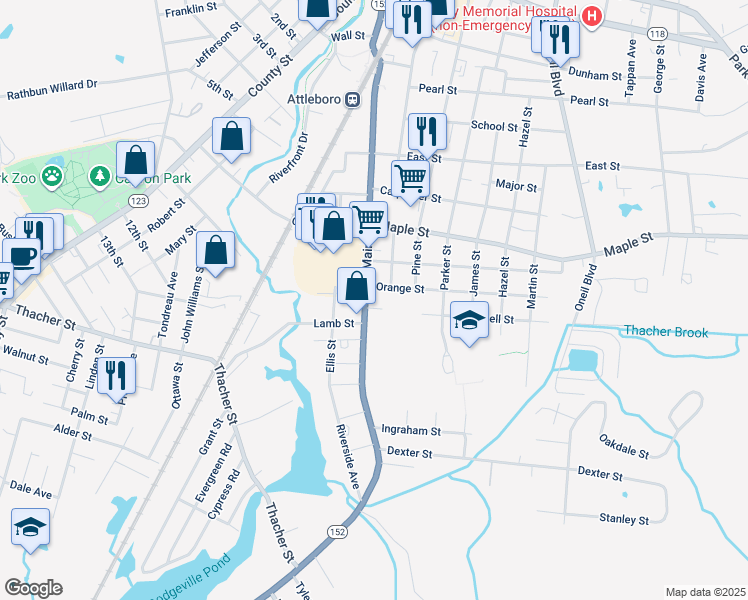 map of restaurants, bars, coffee shops, grocery stores, and more near 5 Orange Street in Attleboro
