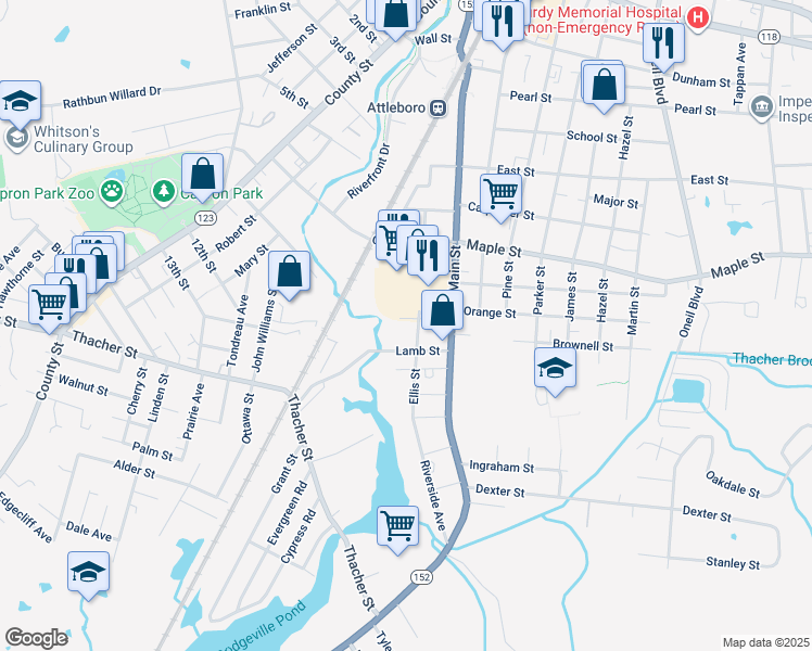 map of restaurants, bars, coffee shops, grocery stores, and more near 34 Clarence Street in Attleboro
