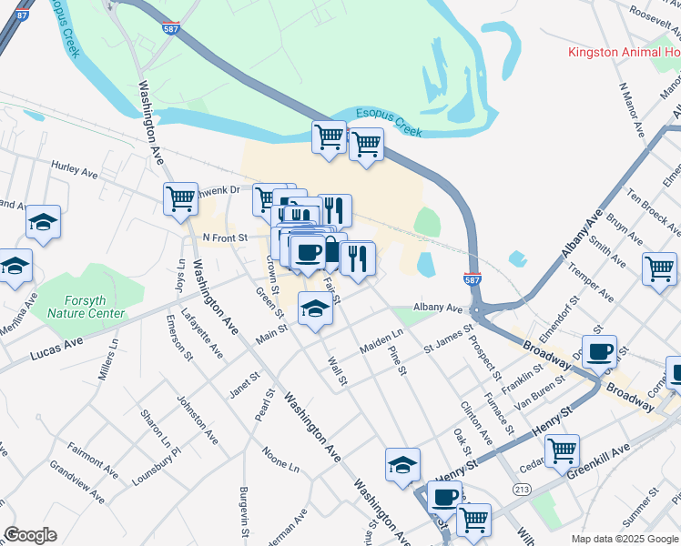 map of restaurants, bars, coffee shops, grocery stores, and more near 2 John Street in Kingston