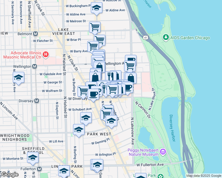 map of restaurants, bars, coffee shops, grocery stores, and more near 501 West Surf Street in Chicago