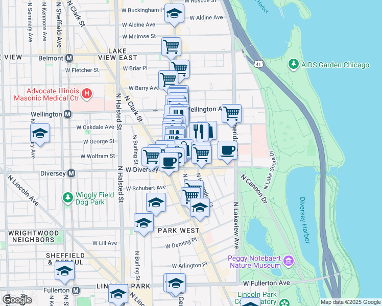 map of restaurants, bars, coffee shops, grocery stores, and more near 555 West Surf Street in Chicago